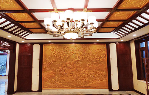 南平中式别墅客厅中式木作横梁吊顶装饰展示