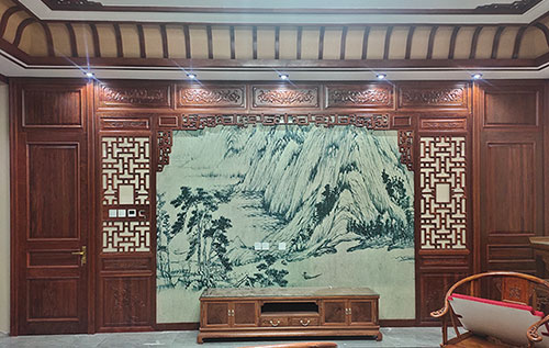 南平中式仿古别墅客厅背景墙花格木作装饰